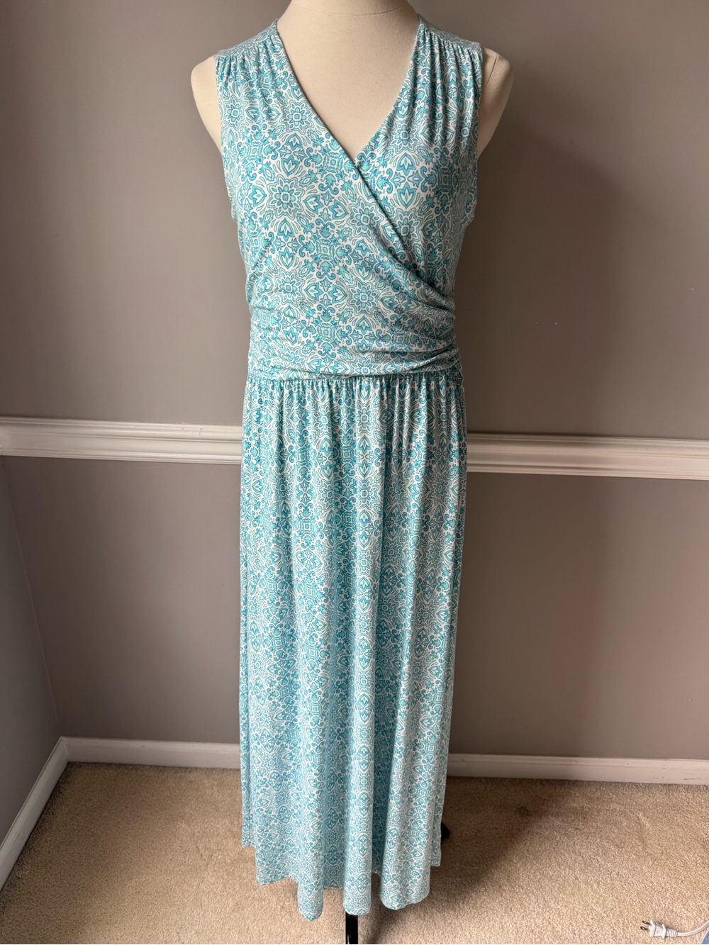 Lands' End Aqua Blue Printed Sleeveless Wrap Maxi Dress